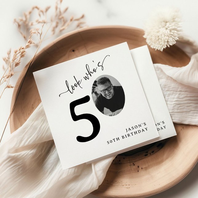 Look Who's 50! Modern Photo 50th Birthday Napkin (Creator Uploaded)