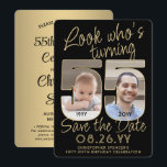 Look Who's 55 Black & Gold 2 Photo Birthday Party Save The Date<br><div class="desc">Look who's turning 55! Invite family and friends to an upcoming 55th birthday celebration with custom photo save the date party invitations. Pictures and wording on this template are simple to personalise. (IMAGE PLACEMENT TIP: An easy way to position a photo exactly how you want is to crop it before...</div>