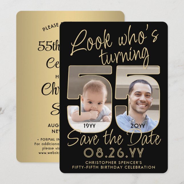 Look Who's 55 Black & Gold 2 Photo Birthday Party Save The Date (Front/Back)