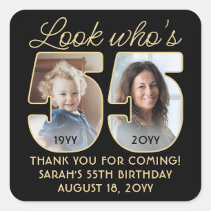 Look Who's 55 Black & Gold Birthday Party 2 Photo Square Sticker