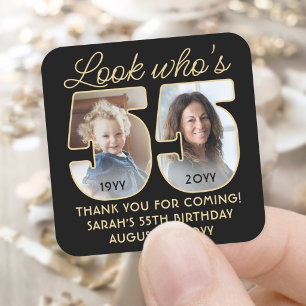 Look Who's 55 Black & Gold Birthday Party 2 Photo Square Sticker