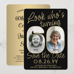 Look Who's 60 Black & Gold 2 Photo Birthday Party Save The Date