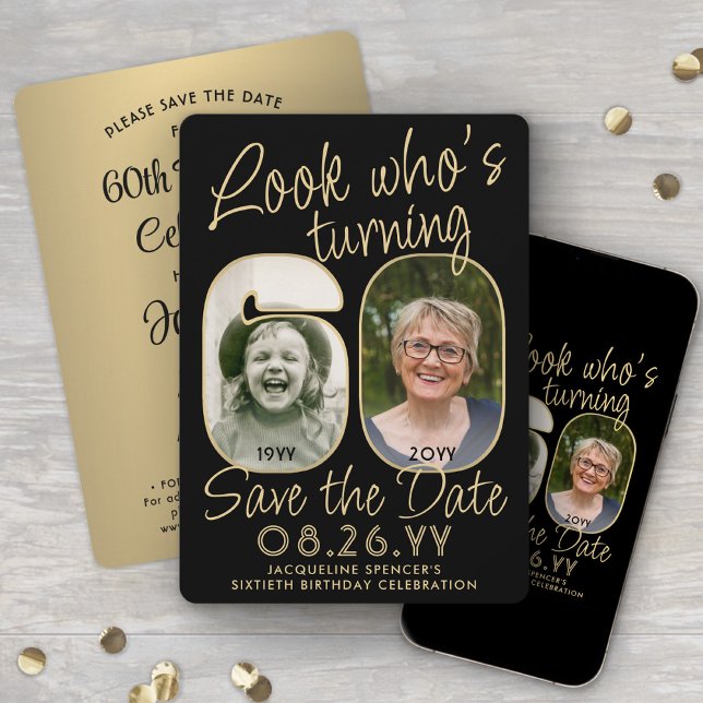 Look Who's 60 Black & Gold 2 Photo Birthday Party Save The Date (Creator Uploaded)