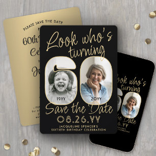 Look Who's 60 Black & Gold 2 Photo Birthday Party Save The Date