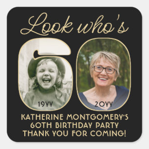 Look Who's 60 Black & Gold Birthday Party 2 Photo Square Sticker