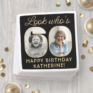 Look Who's 60 Black & Gold Happy Birthday 2 Photo Napkin