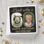 Look Who's 60 Black & Gold Happy Birthday 2 Photo Napkin<br><div class="desc">Look who's 60! Add an elegant personalised touch to 60th birthday party decorations for him or her with stylish custom photo paper napkins. Pictures and wording on this template are simple to customise (IMAGE PLACEMENT TIP: An easy way to position a photo exactly how you want is to crop it...</div>