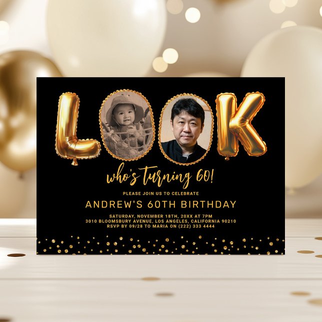 Look Who's 60 Black Gold Photo Sixty Birthday Invitation (Creator Uploaded)