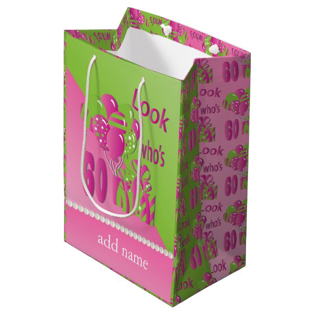 Look Who's 60 in Pink - 60th Birthday Medium Gift Bag (Front Angled)