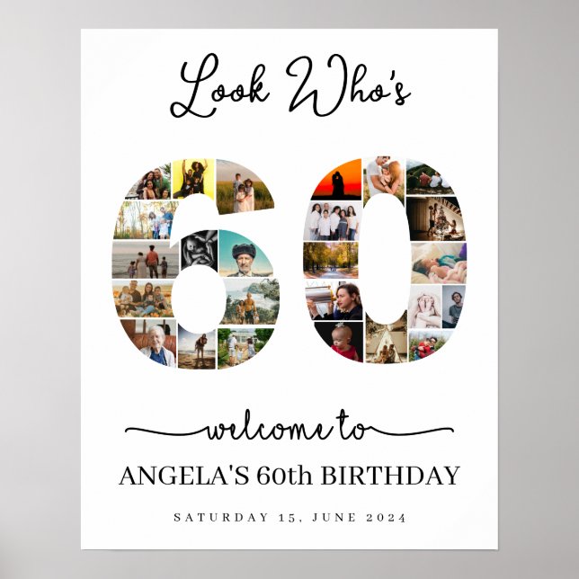 look who's 60 Photo Collage party sign (Front)