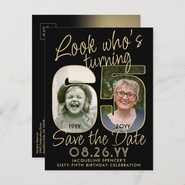 Look Who's 65 Birthday Party Save The Date 2 Photo Announcement Postcard (Front/Back)