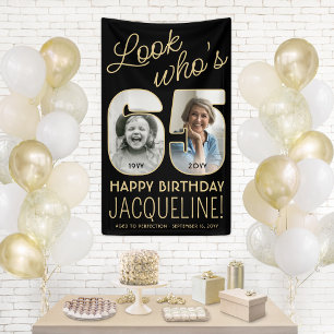 Look Who's 65 Black & Gold 2 Photo Birthday Party Banner