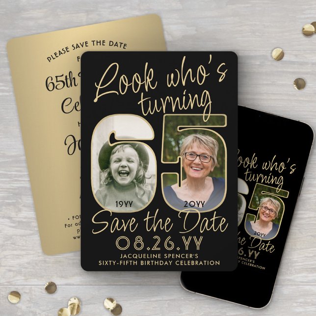 Look Who's 65 Black & Gold 2 Photo Birthday Party Save The Date (Creator Uploaded)