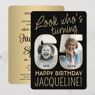 Look Who's 65 Black & Gold Birthday Party 2 Photo Invitation
