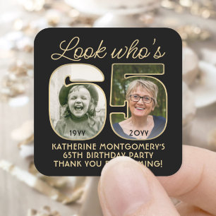 Look Who's 65 Black & Gold Birthday Party 2 Photo Square Sticker