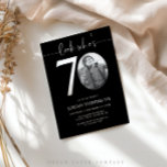 Look Who's 70 | Black 70th Birthday Invite<br><div class="desc">Celebrate your milestone 70th birthday with timeless style using this black Look Who’s 70 invitation! Featuring a sleek, modern design this black invitation is perfect for those who prefer simplicity with a touch of elegance. Fully customizable, you can easily add your party details to create a personal and sophisticated invite...</div>