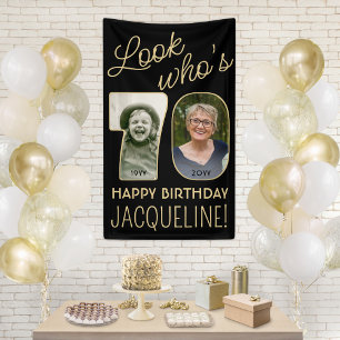 Look Who's 70 Black & Gold 2 Photo Birthday Party Banner