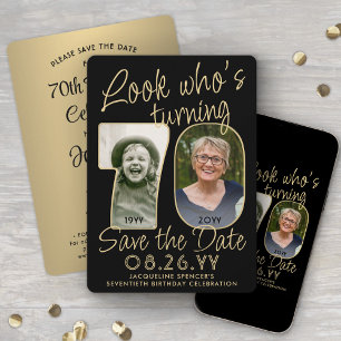 Look Who's 70 Black & Gold 2 Photo Birthday Party Save The Date