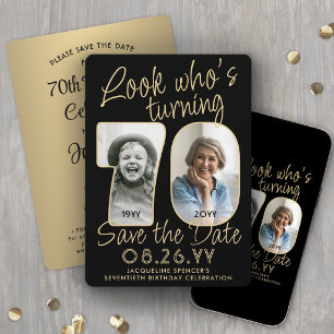 Look Who's 70 Black & Gold 2 Photo Birthday Party Save The Date