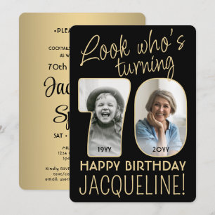Look Who's 70 Black & Gold Birthday Party 2 Photo Invitation