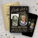 Look Who's 70 Black & Gold Birthday Party 2 Photo Invitation<br><div class="desc">Look who's turning 70! Invite family and friends to an elegant 70th birthday celebration for him or her with custom 2 photo party invitations. Pictures and wording on this template are simple to personalise. (IMAGE PLACEMENT TIP: An easy way to position a photo exactly how you want is to crop...</div>