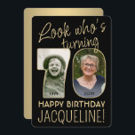 Look Who's 70 Black & Gold Birthday Party 2 Photo Invitation<br><div class="desc">Look who's turning 70! Invite family and friends to an elegant 70th birthday celebration for him or her with custom 2 photo party invitations. Pictures and wording on this template are simple to personalise. (IMAGE PLACEMENT TIP: An easy way to position a photo exactly how you want is to crop...</div>