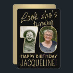 Look Who's 70 Black & Gold Birthday Party 2 Photo Invitation<br><div class="desc">Look who's turning 70! Invite family and friends to an elegant 70th birthday celebration for him or her with custom 2 photo party invitations. Pictures and wording on this template are simple to personalise. (IMAGE PLACEMENT TIP: An easy way to position a photo exactly how you want is to crop...</div>
