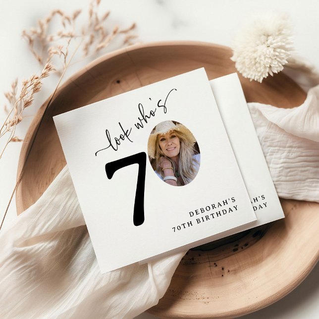 Look Who's 70! Modern Photo 70th Birthday Napkin (Creator Uploaded)