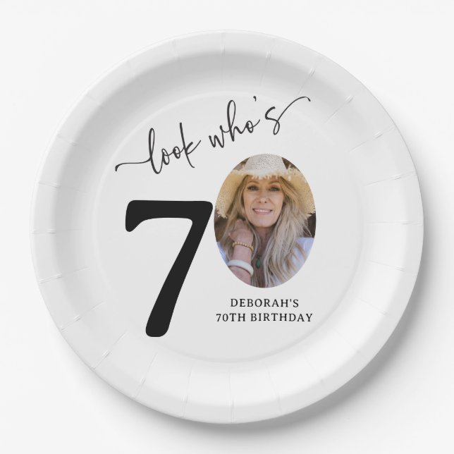 Look Who's 70! Modern Photo 70th Birthday Paper Plate (Front)