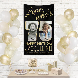 Look Who's 75 Black & Gold 2 Photo Birthday Party Banner