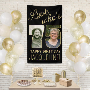 Look Who's 75 Black & Gold 2 Photo Birthday Party Banner