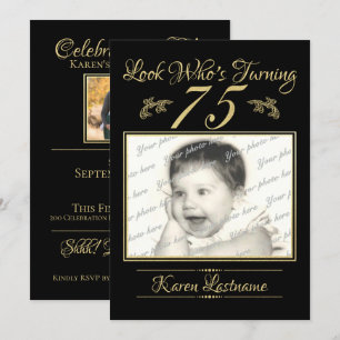 Look Who's 75 Photo Gold Black Invitation