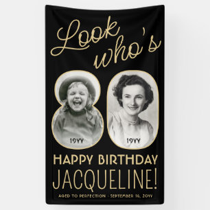 Look Who's 80 Black & Gold 2 Photo Birthday Party Banner