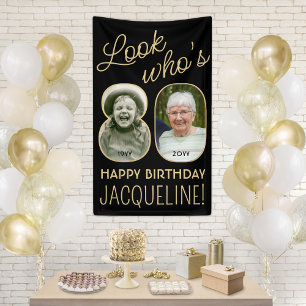 Look Who's 80 Black & Gold 2 Photo Birthday Party Banner