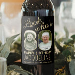 Look Who's 80 Black & Gold 2 Photo Birthday Party Wine Label<br><div class="desc">Look who's 80! Add an elegant personalised touch to 80th birthday party decorations for him or her with custom photo black and gold wine bottle labels. The pictures and wording on this template are simple to customise. (IMAGE PLACEMENT TIP: An easy way to position a photo exactly how you want...</div>
