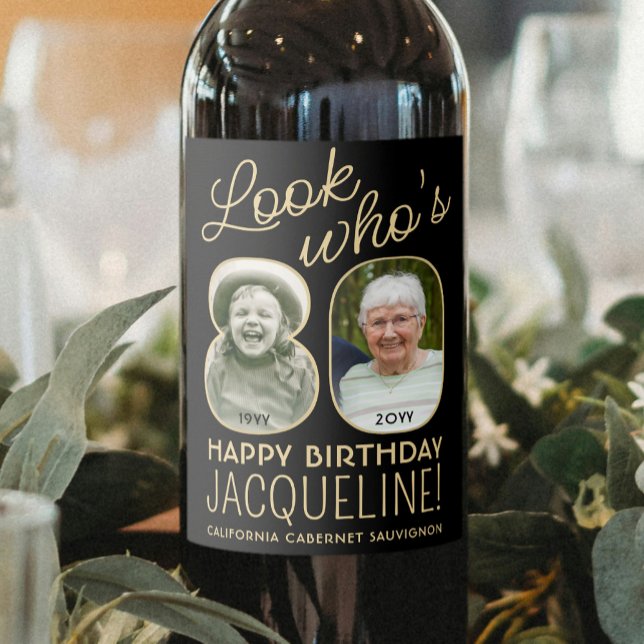 Look Who's 80 Black & Gold 2 Photo Birthday Party Wine Label (Creator Uploaded)