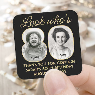 Look Who's 80 Black & Gold Birthday Party 2 Photo Square Sticker