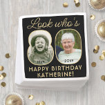 Look Who's 80 Black & Gold Happy Birthday 2 Photo Napkin<br><div class="desc">Look who's 80! Add an elegant personalised touch to 80th birthday party decorations for him or her with stylish custom photo paper napkins. Pictures and wording on this template are simple to customise (IMAGE PLACEMENT TIP: An easy way to position a photo exactly how you want is to crop it...</div>