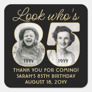 Look Who's 85 Black & Gold Birthday Party 2 Photo Square Sticker