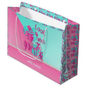 Look Who's 90   90th Birthday - Pink and Turquoise Large Gift Bag