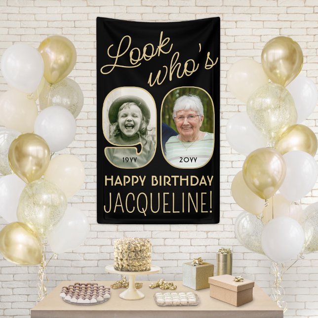 Look Who's 90 Black & Gold 2 Photo Birthday Party Banner (Creator Uploaded)