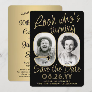 Look Who's 90 Black & Gold 2 Photo Birthday Party Save The Date