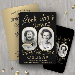 Look Who's 90 Black & Gold 2 Photo Birthday Party Save The Date