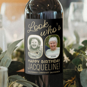 Look Who's 90 Black & Gold 2 Photo Birthday Party Wine Label