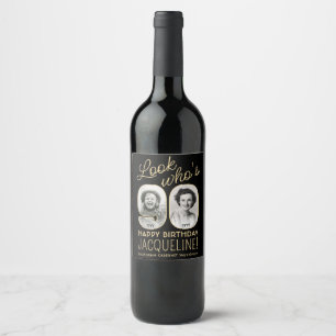 Look Who's 90 Black & Gold 2 Photo Birthday Party Wine Label