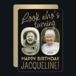 Look Who's 90 Black & Gold Birthday Party 2 Photo Invitation<br><div class="desc">Look who's turning 90! Invite family and friends to an elegant 90th birthday celebration for him or her with custom 2 photo party invitations. Pictures and wording on this template are simple to personalise. (IMAGE PLACEMENT TIP: An easy way to position a photo exactly how you want is to crop...</div>