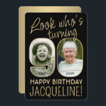 Look Who's 90 Black & Gold Birthday Party 2 Photo Invitation<br><div class="desc">Look who's turning 90! Invite family and friends to an elegant 90th birthday celebration for him or her with custom 2 photo party invitations. Pictures and wording on this template are simple to personalise. (IMAGE PLACEMENT TIP: An easy way to position a photo exactly how you want is to crop...</div>