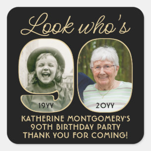Look Who's 90 Black & Gold Birthday Party 2 Photo Square Sticker