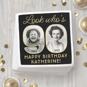 Look Who's 90 Black & Gold Happy Birthday 2 Photo Napkin