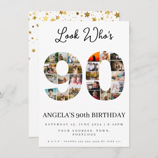look who's 90 happy birthday Photo Collage  Invitation (Front/Back)